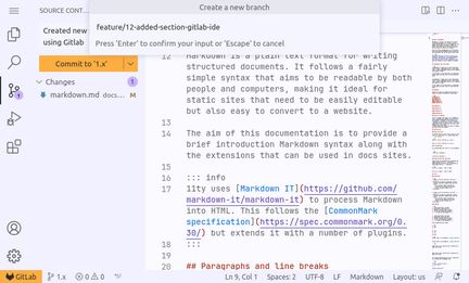 Creating a new branch in Gitlab Web IDE